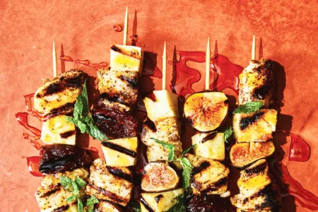 Here’s a ‘Greek Out’ take on halibut, halloumi skewers